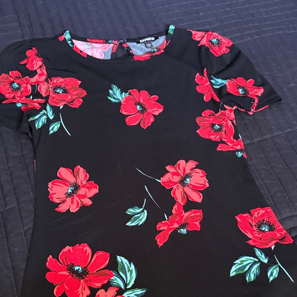 Express Black Blouse with Red Floral Design